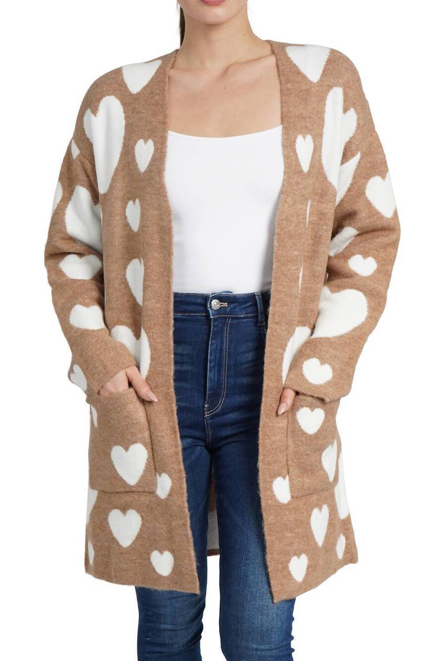 NEW LOVE TOKEN hearts long sleeve cardigan in beige